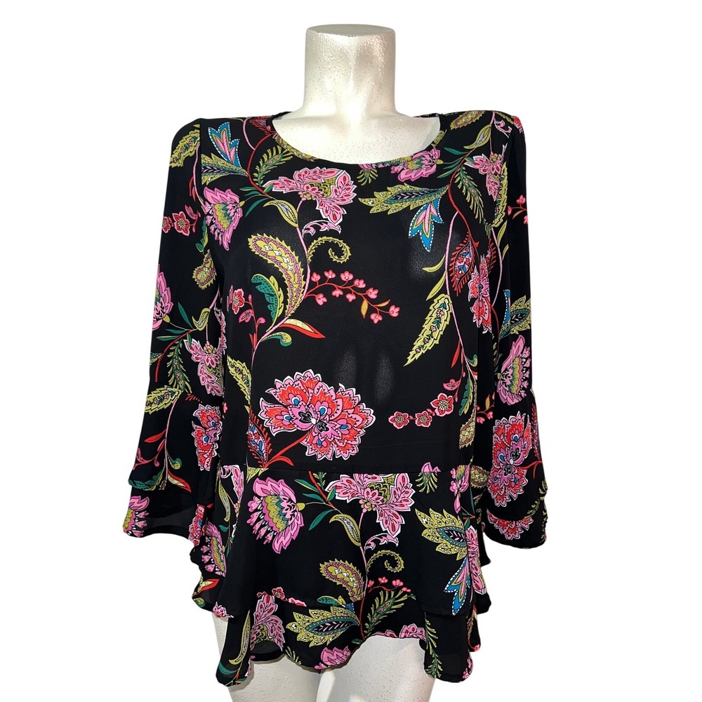SPENSE Top Womens Size L Black Floral Paisley Peplum Blouse Bell Sleeve Ruffle
